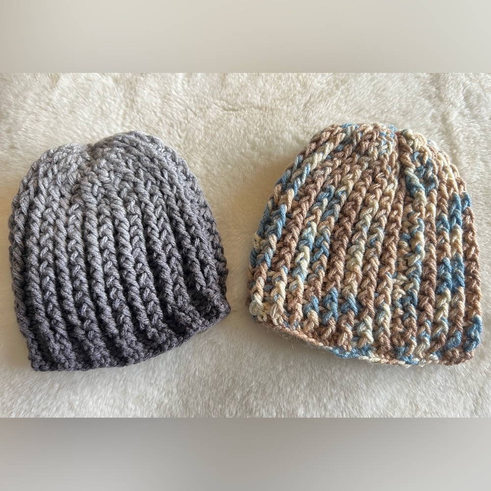 Handmade Crochet Baby Toddler Beanie Hat Set of 2 –Gray & Blue Brown Knit Winter